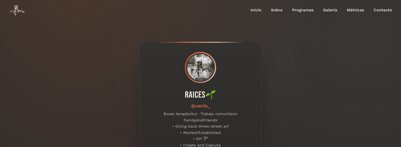 Captura del sitio web de Raíces, boxeo terapéutico y trabajo comunitario de Moises Pena Martinez